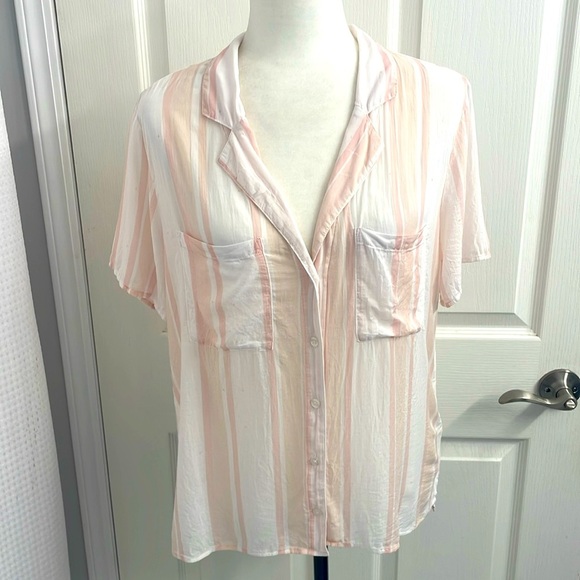 Cloth & Stone Anthropologie Short Sleeve Button Up Collar Pink/White Stripe SzLg - Picture 1 of 11